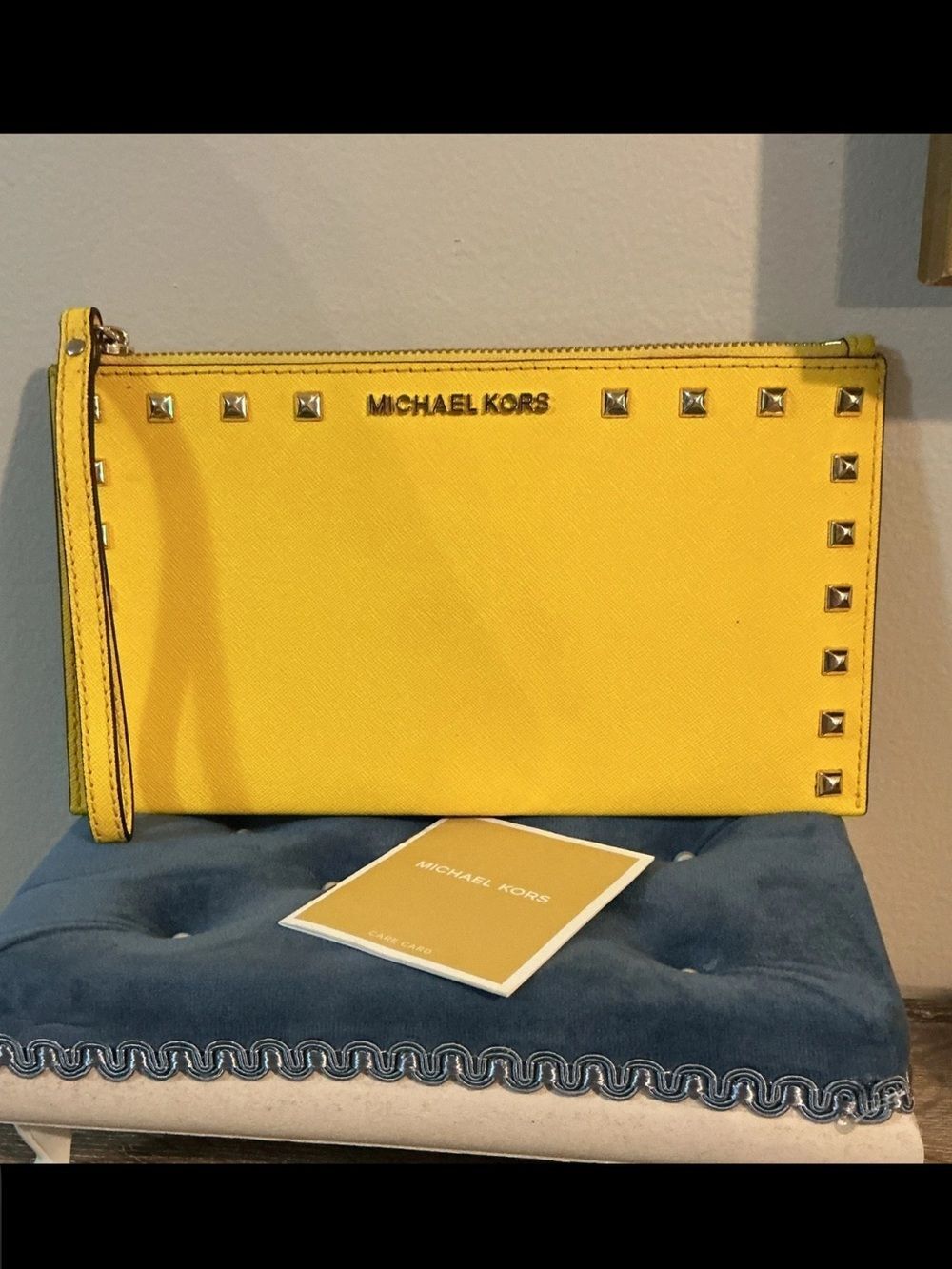 Michael Kors Ballet Yellow Studded Saffiano Leather Zip Wristlet Clutch